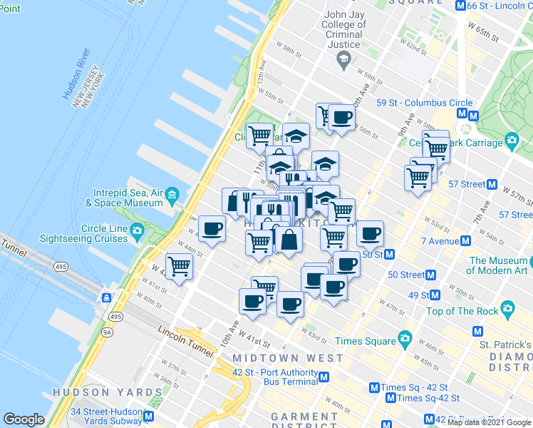 map of restaurants, bars, coffee shops, grocery stores, and more near 515 West 48th Street in New York