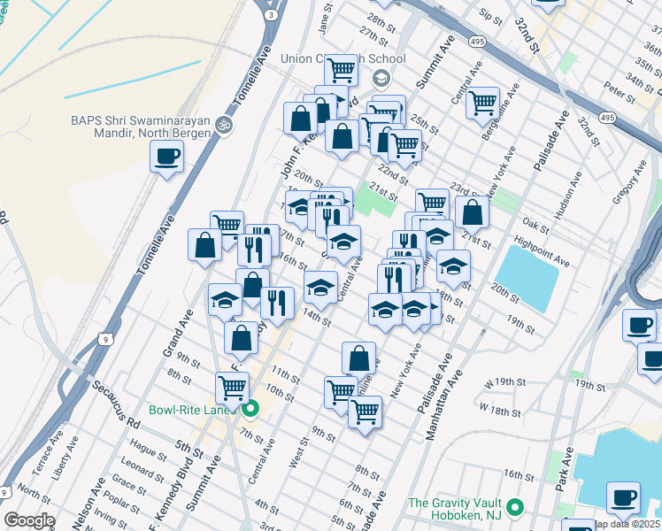 map of restaurants, bars, coffee shops, grocery stores, and more near 1601 Central Avenue in Union City