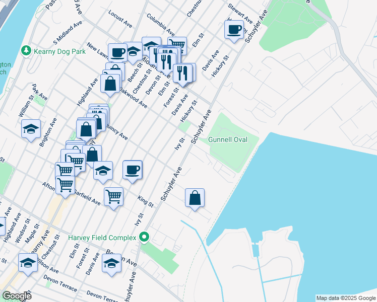 map of restaurants, bars, coffee shops, grocery stores, and more near 463 Schuyler Avenue in Kearny