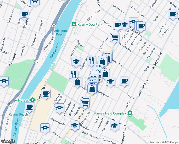 map of restaurants, bars, coffee shops, grocery stores, and more near 175 Windsor Street in Kearny