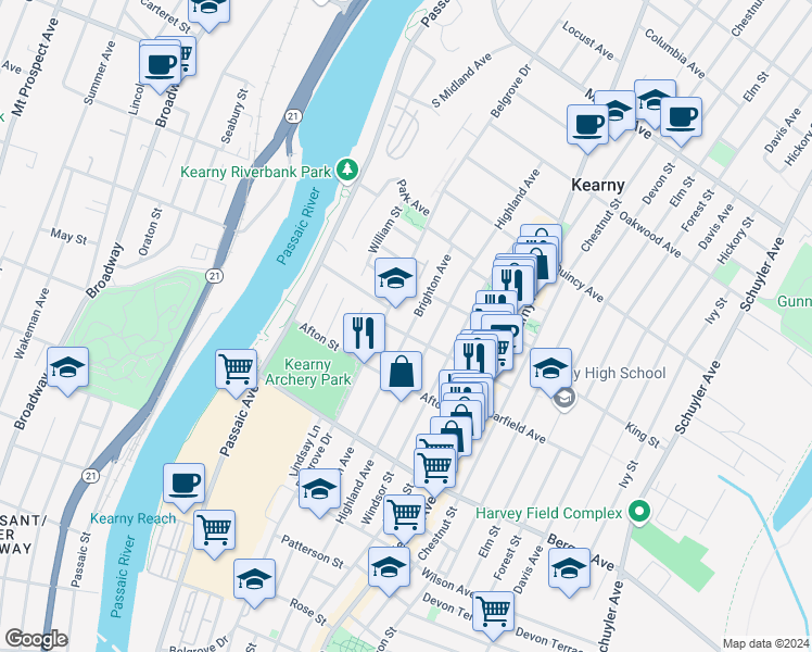 map of restaurants, bars, coffee shops, grocery stores, and more near 25 Halstead Street in Kearny