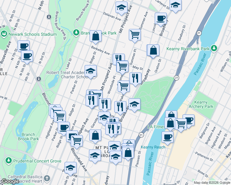 map of restaurants, bars, coffee shops, grocery stores, and more near 357 Summer Avenue in Newark