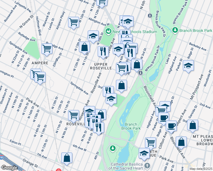 map of restaurants, bars, coffee shops, grocery stores, and more near 373 3rd Avenue West in Newark