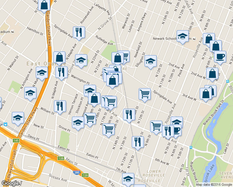 map of restaurants, bars, coffee shops, grocery stores, and more near 33-39 4th Avenue in East Orange