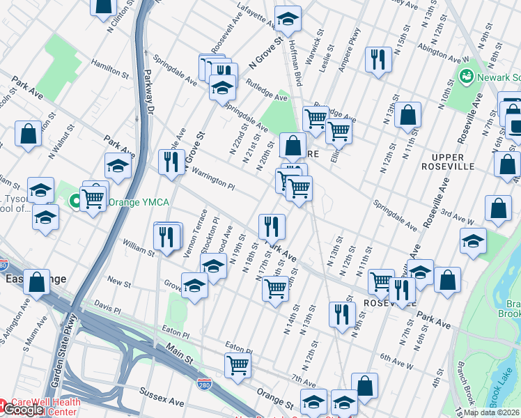 map of restaurants, bars, coffee shops, grocery stores, and more near 174 North 19th Street in East Orange