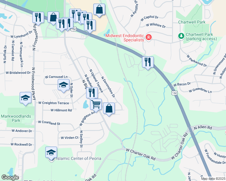 map of restaurants, bars, coffee shops, grocery stores, and more near 6209 North Devonshire Drive in Peoria