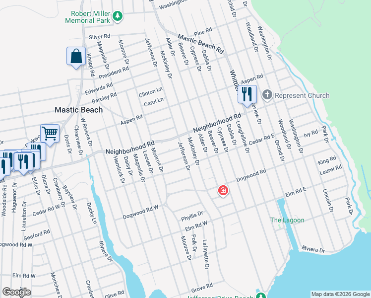 map of restaurants, bars, coffee shops, grocery stores, and more near 177 Jefferson Drive in Mastic Beach