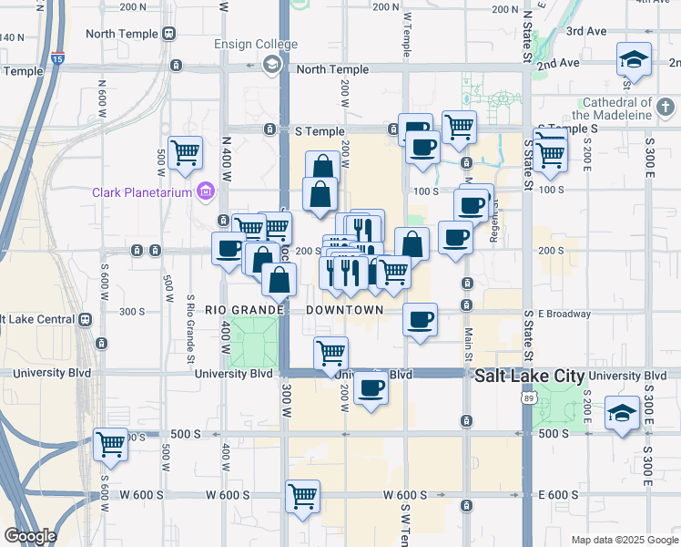 map of restaurants, bars, coffee shops, grocery stores, and more near 224 South 200 West in Salt Lake City