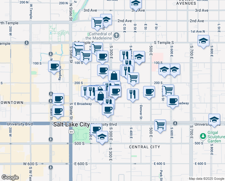 map of restaurants, bars, coffee shops, grocery stores, and more near 225 South 300 East in Salt Lake City