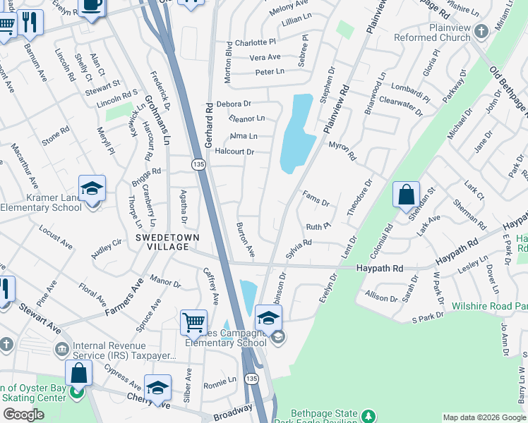 map of restaurants, bars, coffee shops, grocery stores, and more near 19 Dorothea Street in Plainview