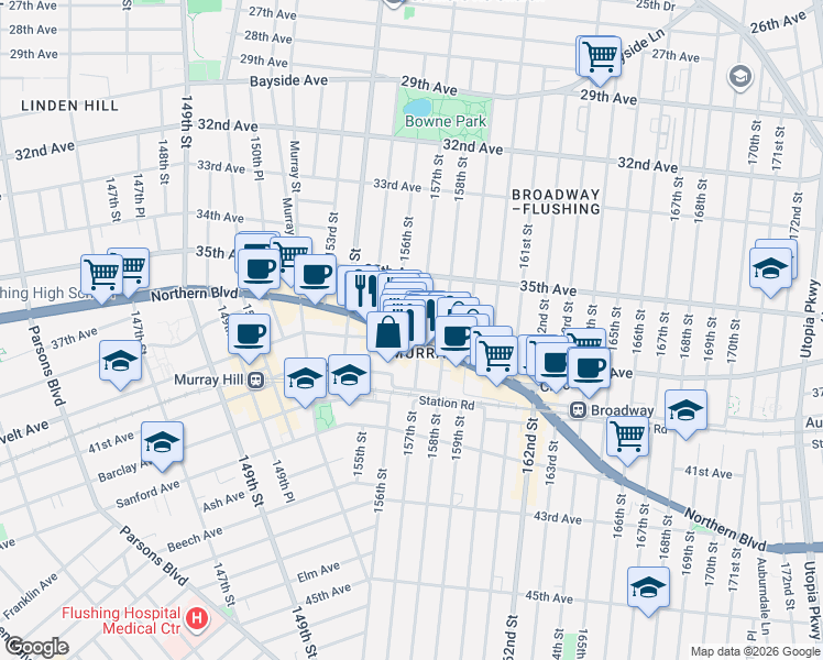 map of restaurants, bars, coffee shops, grocery stores, and more near 156-10 Northern Boulevard in Queens