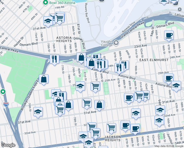 map of restaurants, bars, coffee shops, grocery stores, and more near 24-28 82nd Street in Queens