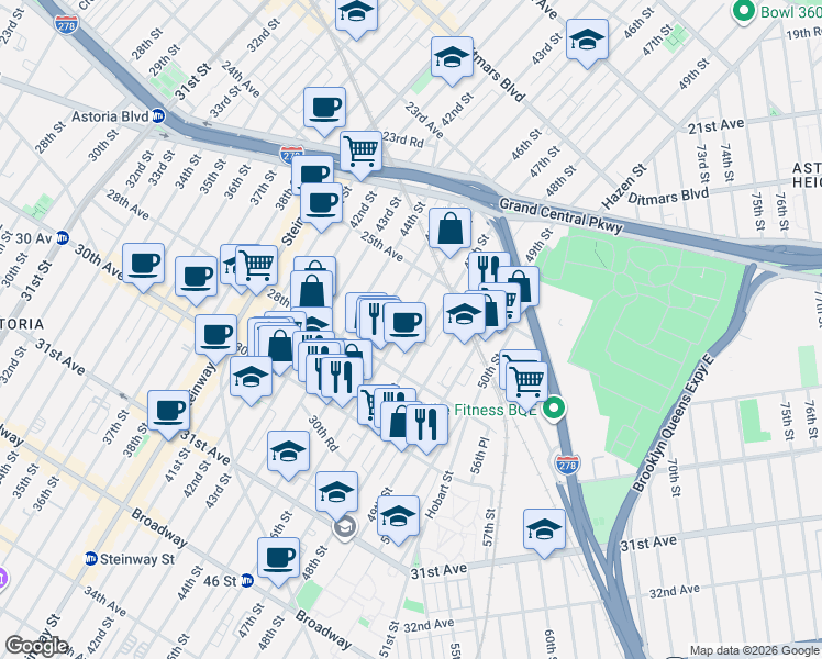 map of restaurants, bars, coffee shops, grocery stores, and more near 25-65 46th Street in Queens