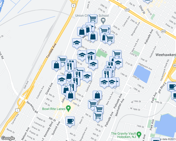 map of restaurants, bars, coffee shops, grocery stores, and more near 1601 Summit Avenue in Union City