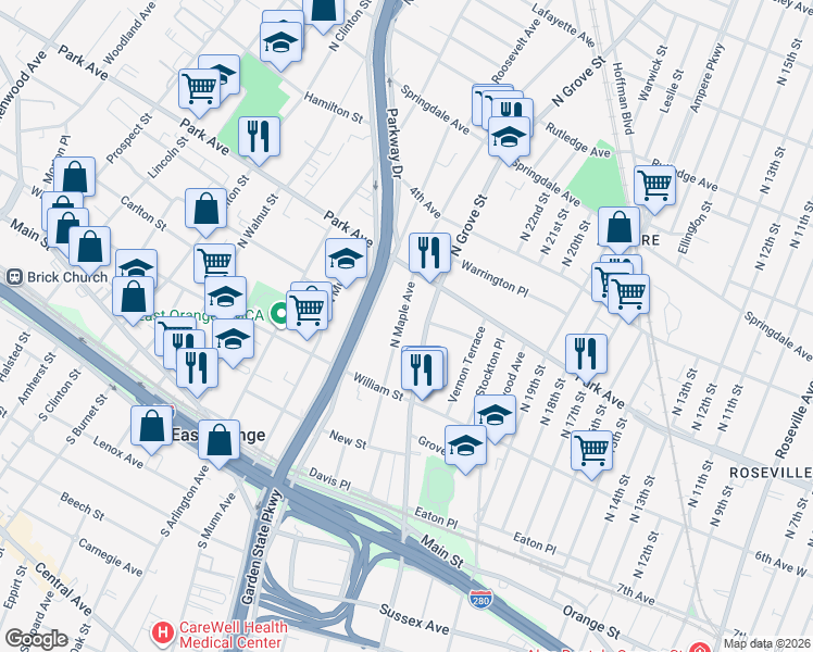 map of restaurants, bars, coffee shops, grocery stores, and more near 192 North Maple Avenue in East Orange