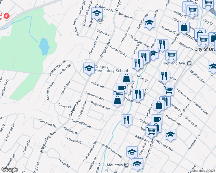 map of restaurants, bars, coffee shops, grocery stores, and more near 57 Walker Road in West Orange