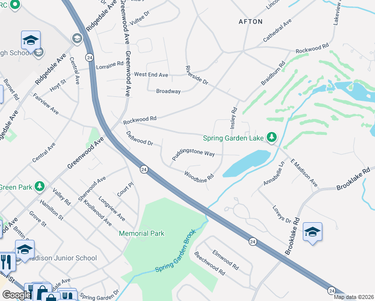 map of restaurants, bars, coffee shops, grocery stores, and more near 7 Puddingstone Way in Florham Park