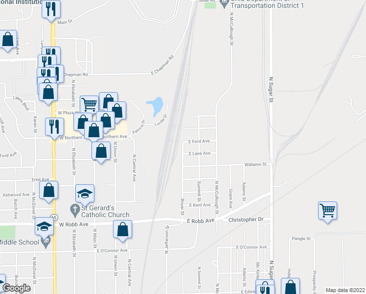 map of restaurants, bars, coffee shops, grocery stores, and more near 1635 Boyer Street in Lima