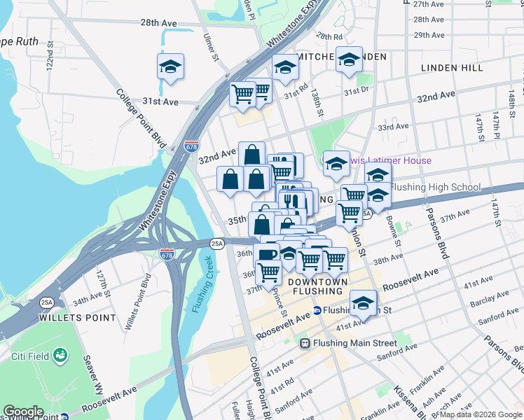 map of restaurants, bars, coffee shops, grocery stores, and more near 134-4 35th Avenue in Queens