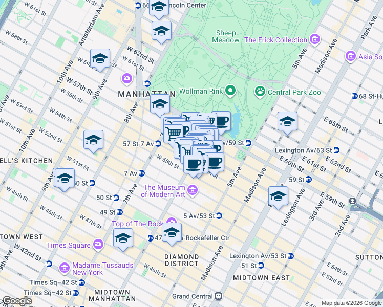 map of restaurants, bars, coffee shops, grocery stores, and more near 60 West 57th Street in New York