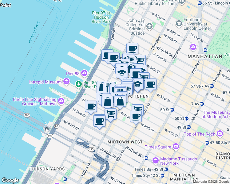 map of restaurants, bars, coffee shops, grocery stores, and more near 515 West 48th Street in New York