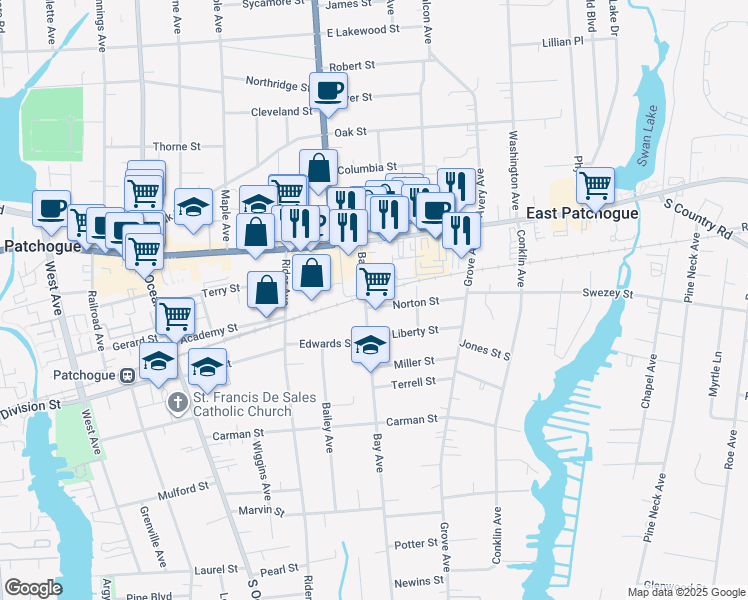map of restaurants, bars, coffee shops, grocery stores, and more near 49 Bay Avenue in Patchogue
