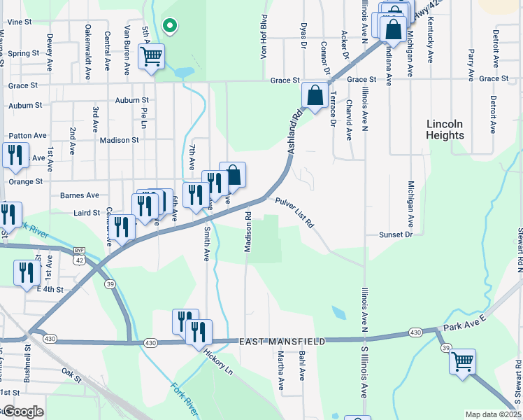 map of restaurants, bars, coffee shops, grocery stores, and more near 690 Ashland Road in Mansfield