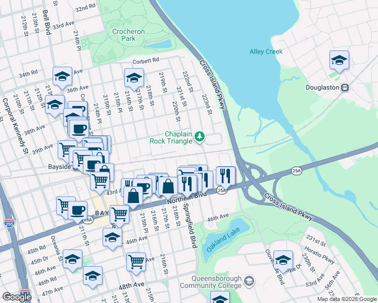 map of restaurants, bars, coffee shops, grocery stores, and more near 51 220th Street in Queens