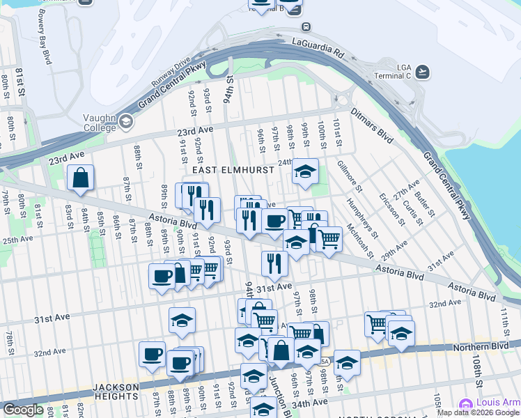 map of restaurants, bars, coffee shops, grocery stores, and more near 25-10 96th Street in Queens