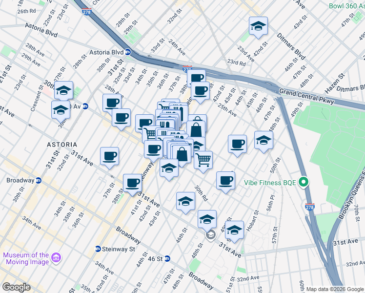 map of restaurants, bars, coffee shops, grocery stores, and more near 28-23 42nd Street in Queens