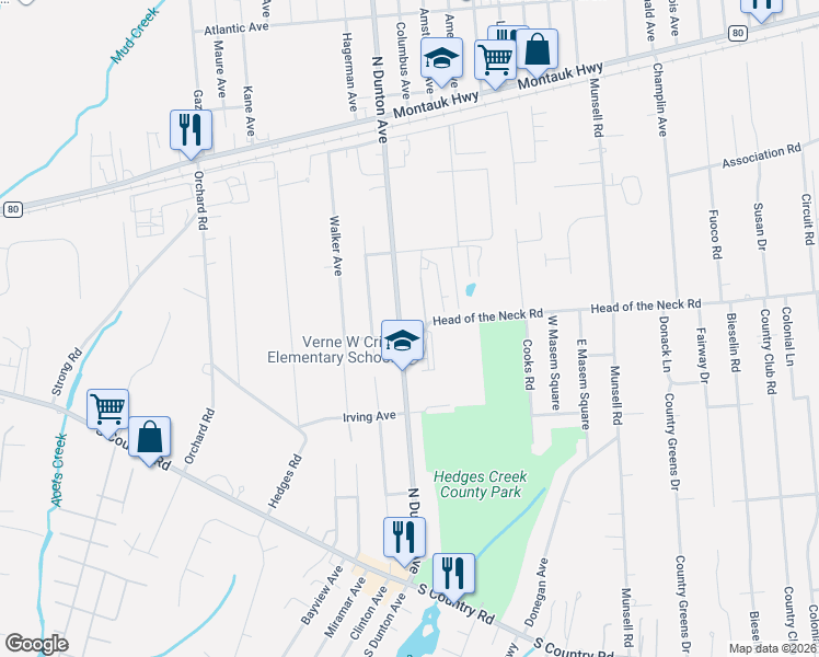 map of restaurants, bars, coffee shops, grocery stores, and more near 215 North Dunton Avenue in East Patchogue