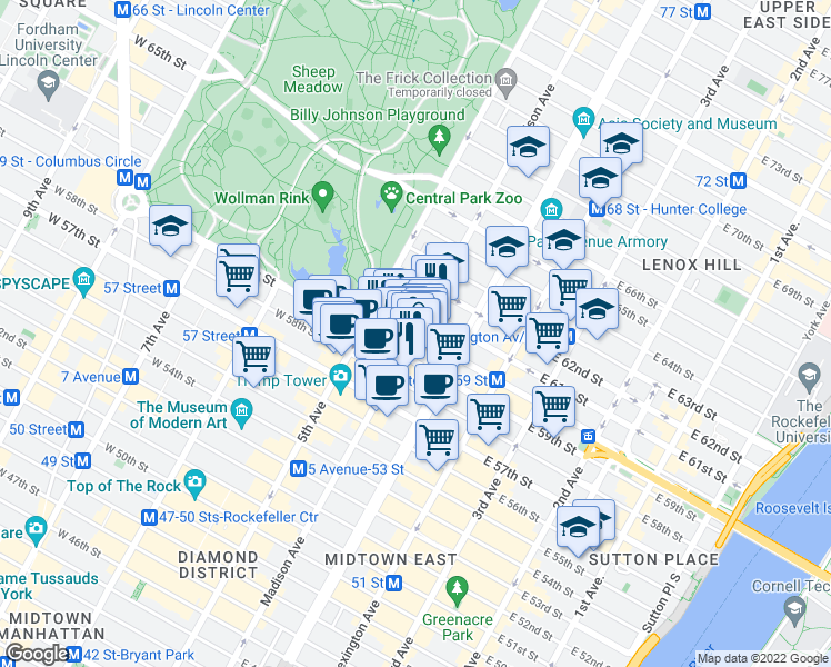 map of restaurants, bars, coffee shops, grocery stores, and more near 27 East 60th Street in New York