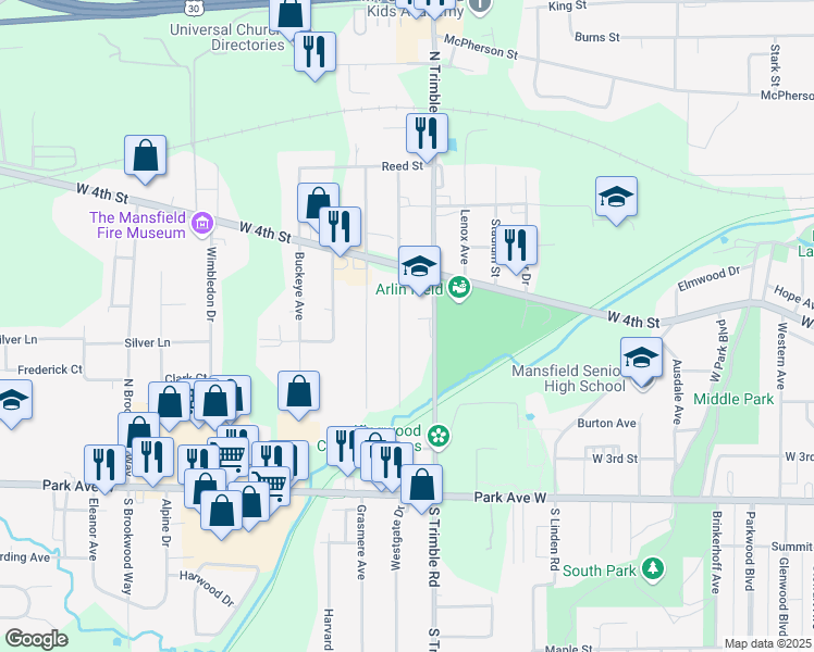 map of restaurants, bars, coffee shops, grocery stores, and more near 215 Trimble Road in Mansfield
