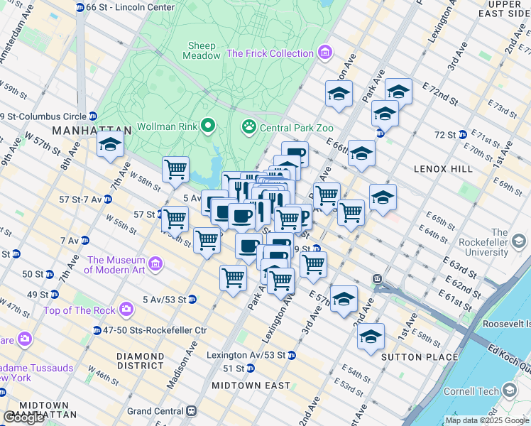 map of restaurants, bars, coffee shops, grocery stores, and more near Madison Ave & E 60th St in New York