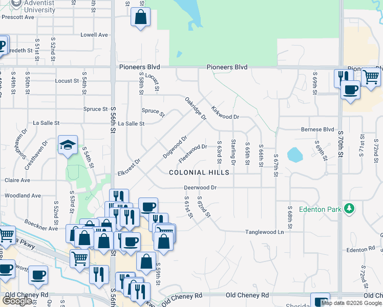 map of restaurants, bars, coffee shops, grocery stores, and more near 6051 Fleetwood Drive in Lincoln