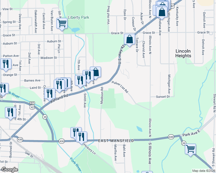 map of restaurants, bars, coffee shops, grocery stores, and more near 132-230 Madison Rd in Mansfield