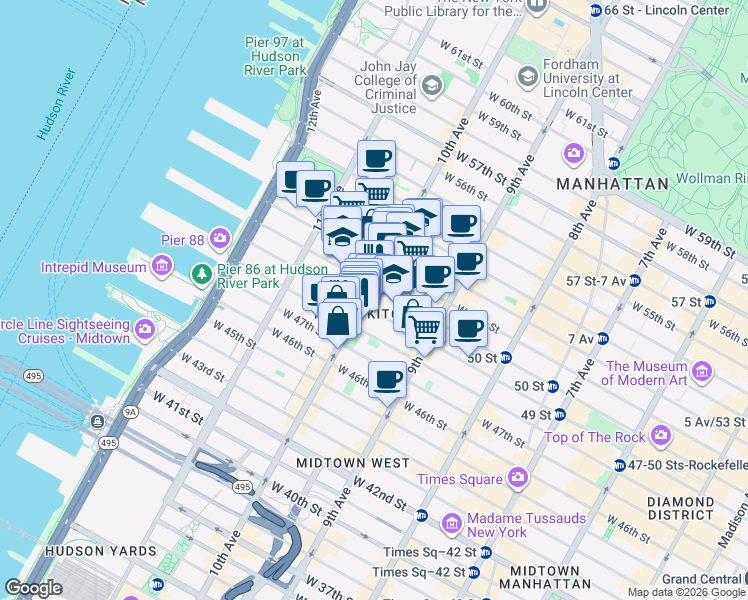map of restaurants, bars, coffee shops, grocery stores, and more near in New York