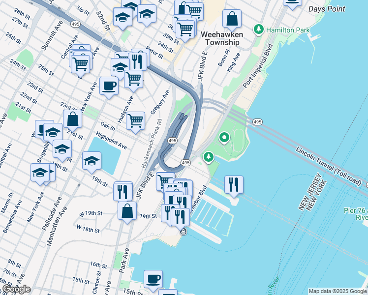map of restaurants, bars, coffee shops, grocery stores, and more near 6 Baldwin Avenue in Weehawken
