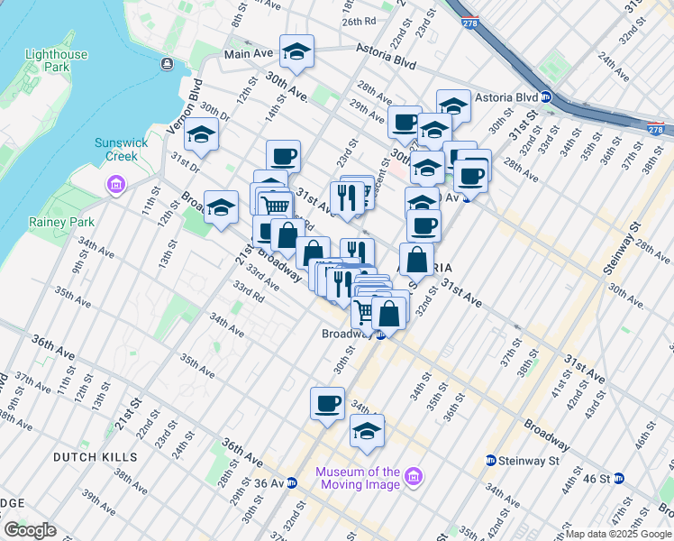 map of restaurants, bars, coffee shops, grocery stores, and more near Crescent Street & 31st Drive in Queens