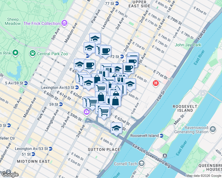 map of restaurants, bars, coffee shops, grocery stores, and more near 323 East 65th Street in New York