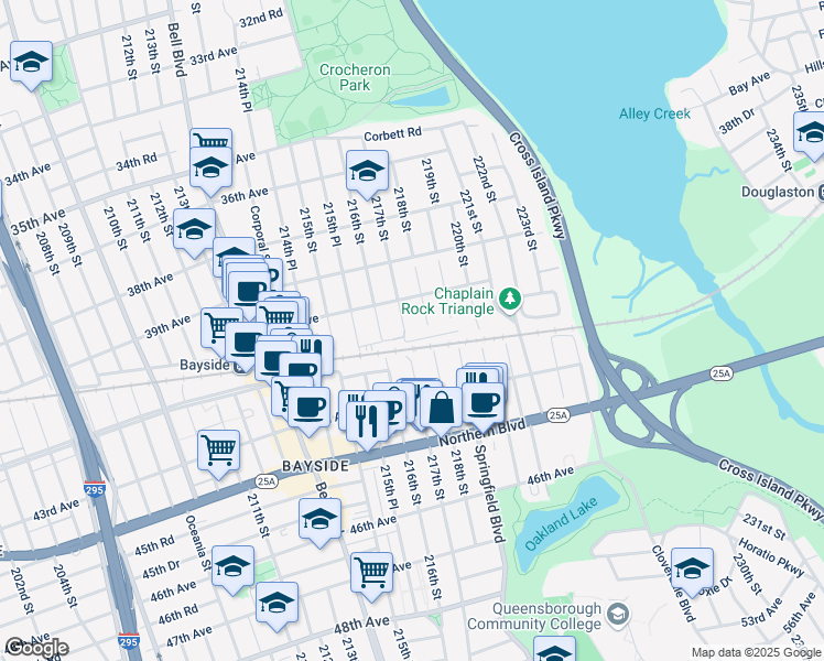 map of restaurants, bars, coffee shops, grocery stores, and more near 40-29 217th Street in Queens