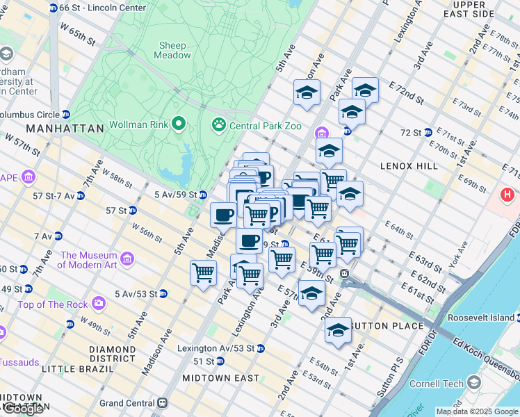 map of restaurants, bars, coffee shops, grocery stores, and more near 530 Park Avenue in New York