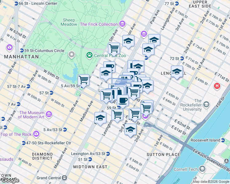 map of restaurants, bars, coffee shops, grocery stores, and more near 115 East 61st Street in New York