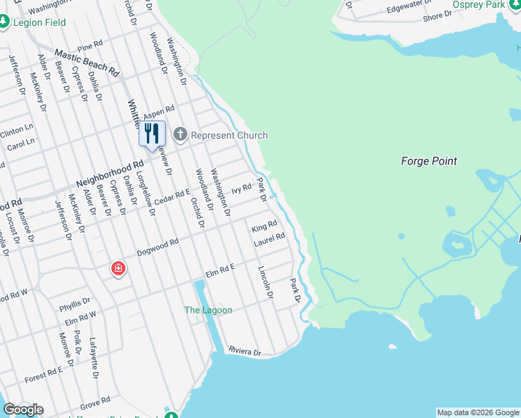 map of restaurants, bars, coffee shops, grocery stores, and more near 10 Dogwood Road in Mastic Beach