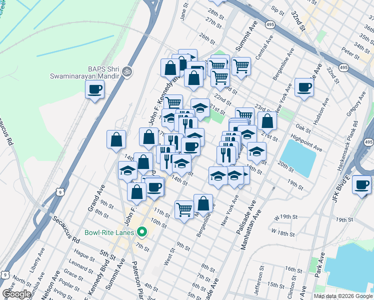 map of restaurants, bars, coffee shops, grocery stores, and more near 725 17th Street in Union City