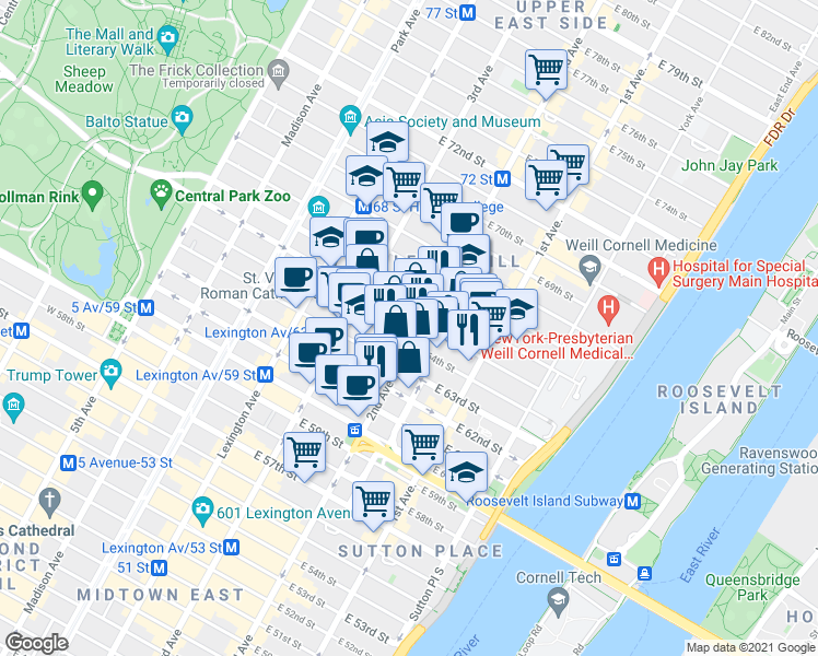 map of restaurants, bars, coffee shops, grocery stores, and more near 1233 2nd Avenue in New York