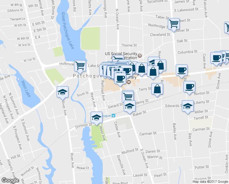 map of restaurants, bars, coffee shops, grocery stores, and more near 20 Church St in Patchogue