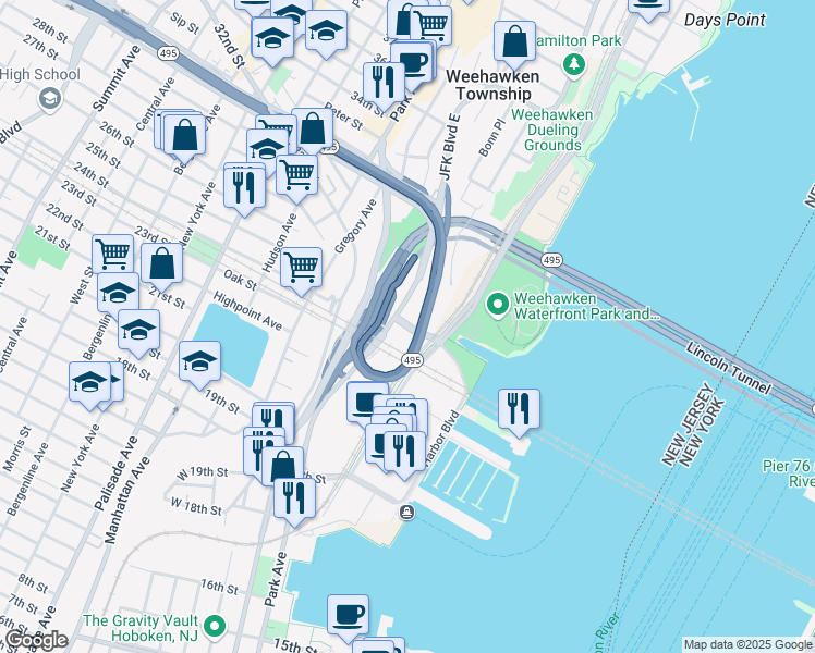 map of restaurants, bars, coffee shops, grocery stores, and more near 5 Baldwin Avenue in Weehawken