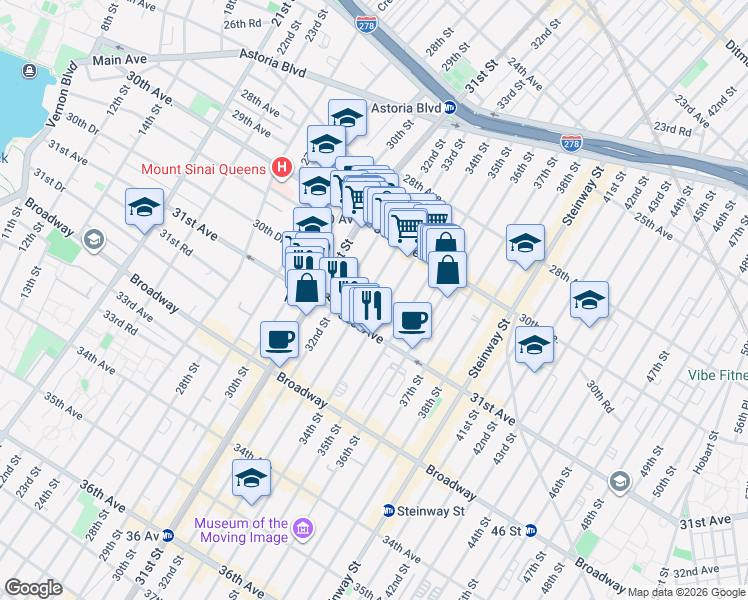 map of restaurants, bars, coffee shops, grocery stores, and more near 30-71 33rd Street in Queens