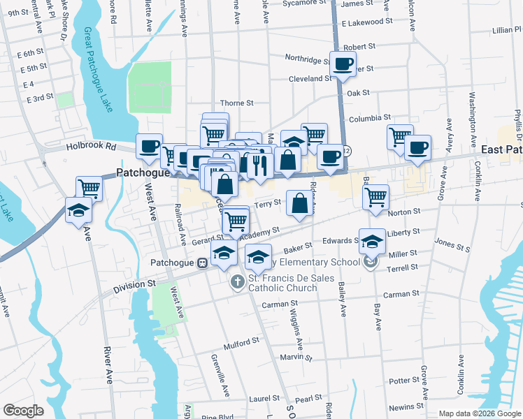 map of restaurants, bars, coffee shops, grocery stores, and more near 6 Taylor Lane in Patchogue